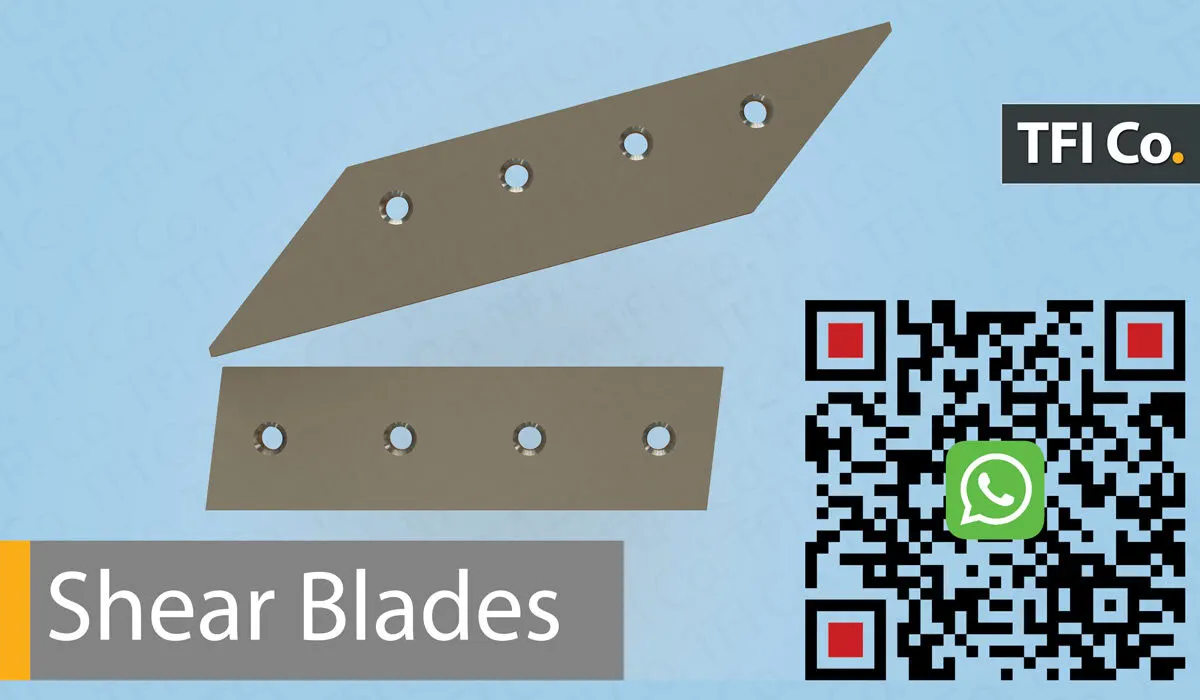 Drawing of two shear blade shapes with mounting holes: an angled upper blade and a rectangular lower blade