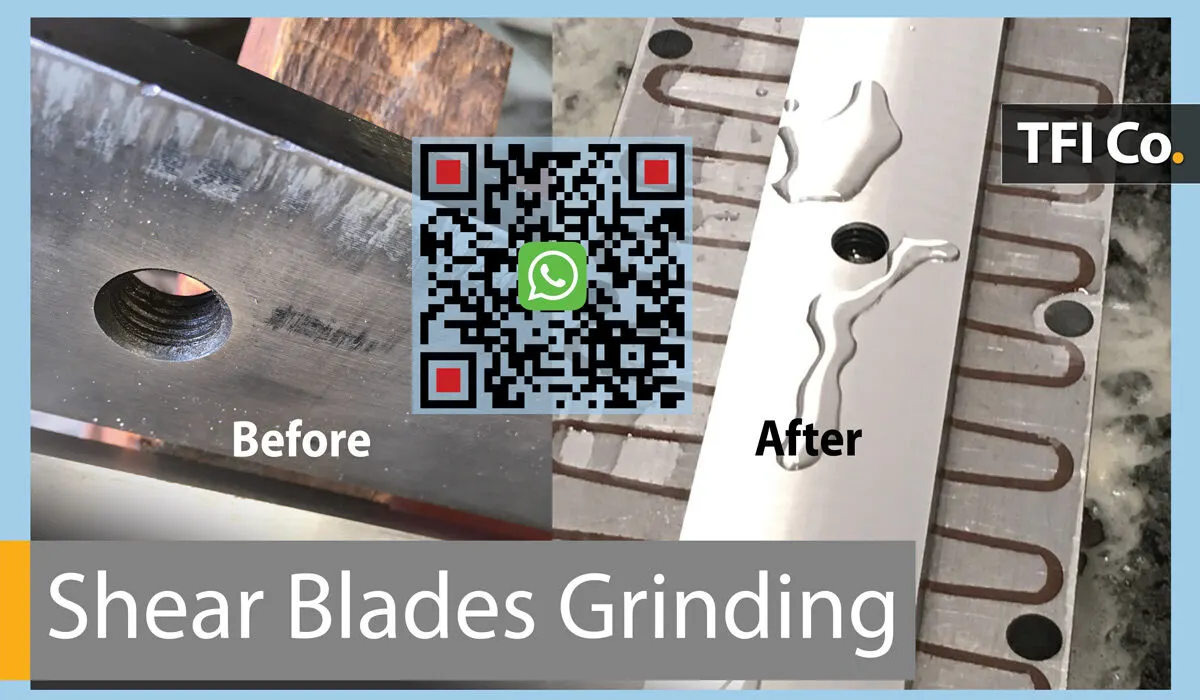 Shear blade edge before and after regrinding: chipped and worn, then sharp and smooth